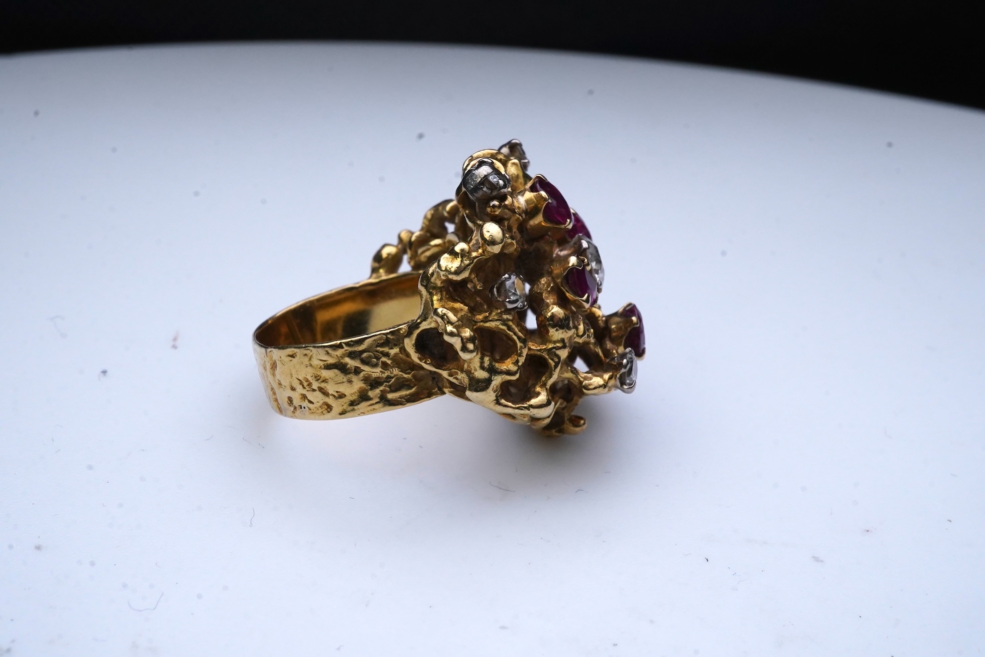 A ruby and diamond cocktail ring, 1970s